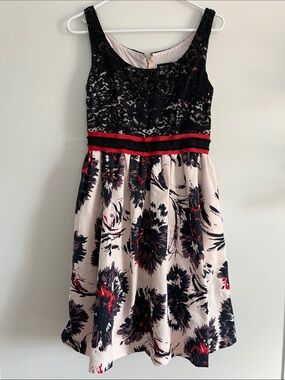 Peter Som Black Lace Bodice Floral Dress with Red Accent